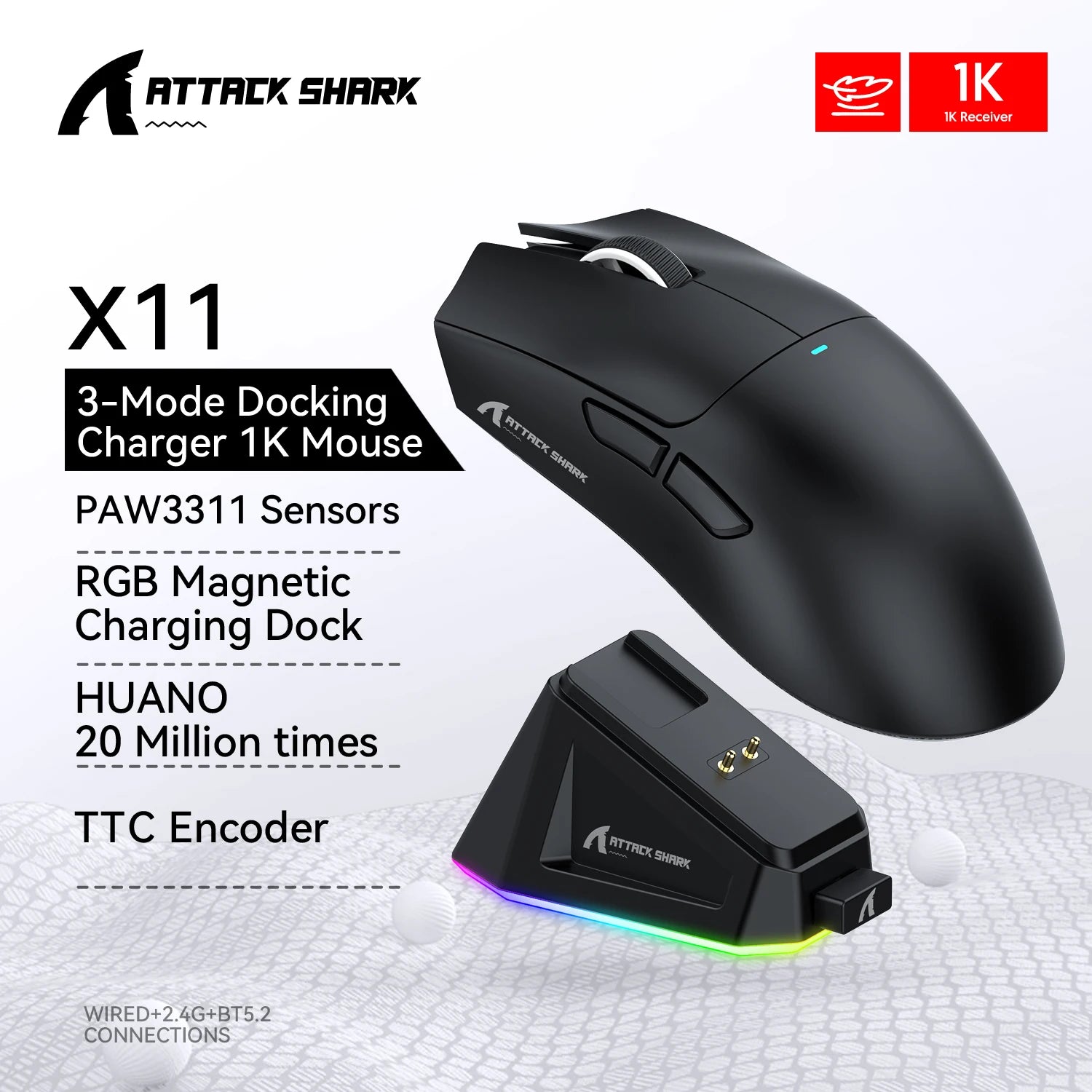 Attack Shark X11 PAW3311 Wireless Gaming Mouse – Tri-Mode (2.4GHz, Wired, Bluetooth), 22K DPI, RGB