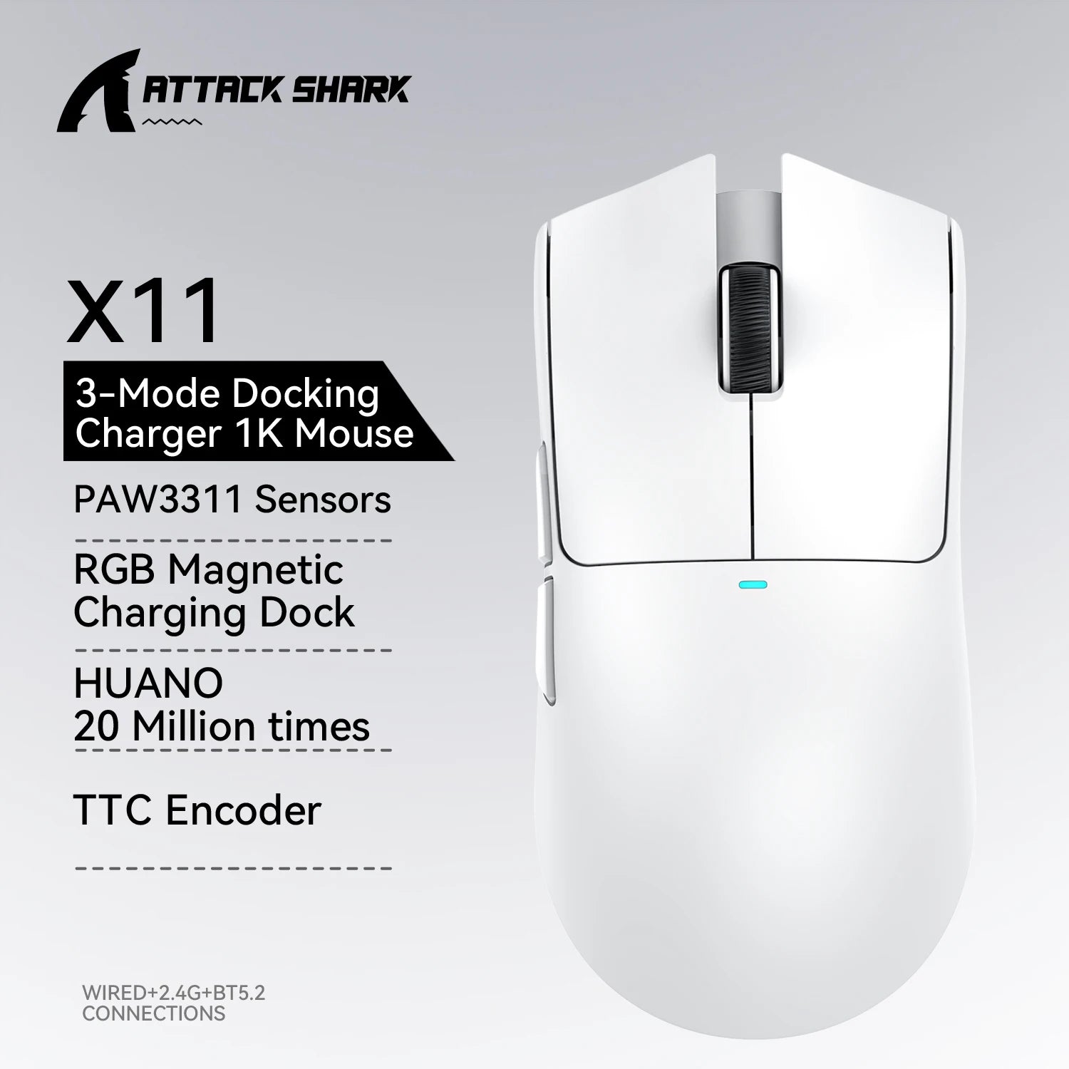Attack Shark X11 PAW3311 Wireless Gaming Mouse – Tri-Mode (2.4GHz, Wired, Bluetooth), 22K DPI, RGB
