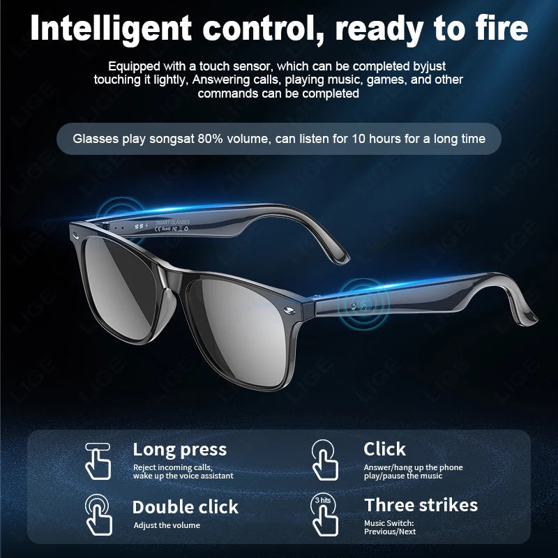 LIGE Smart Glasses – AI Real-Time Translator with Bluetooth Calling, Music & Sport Fitness Features