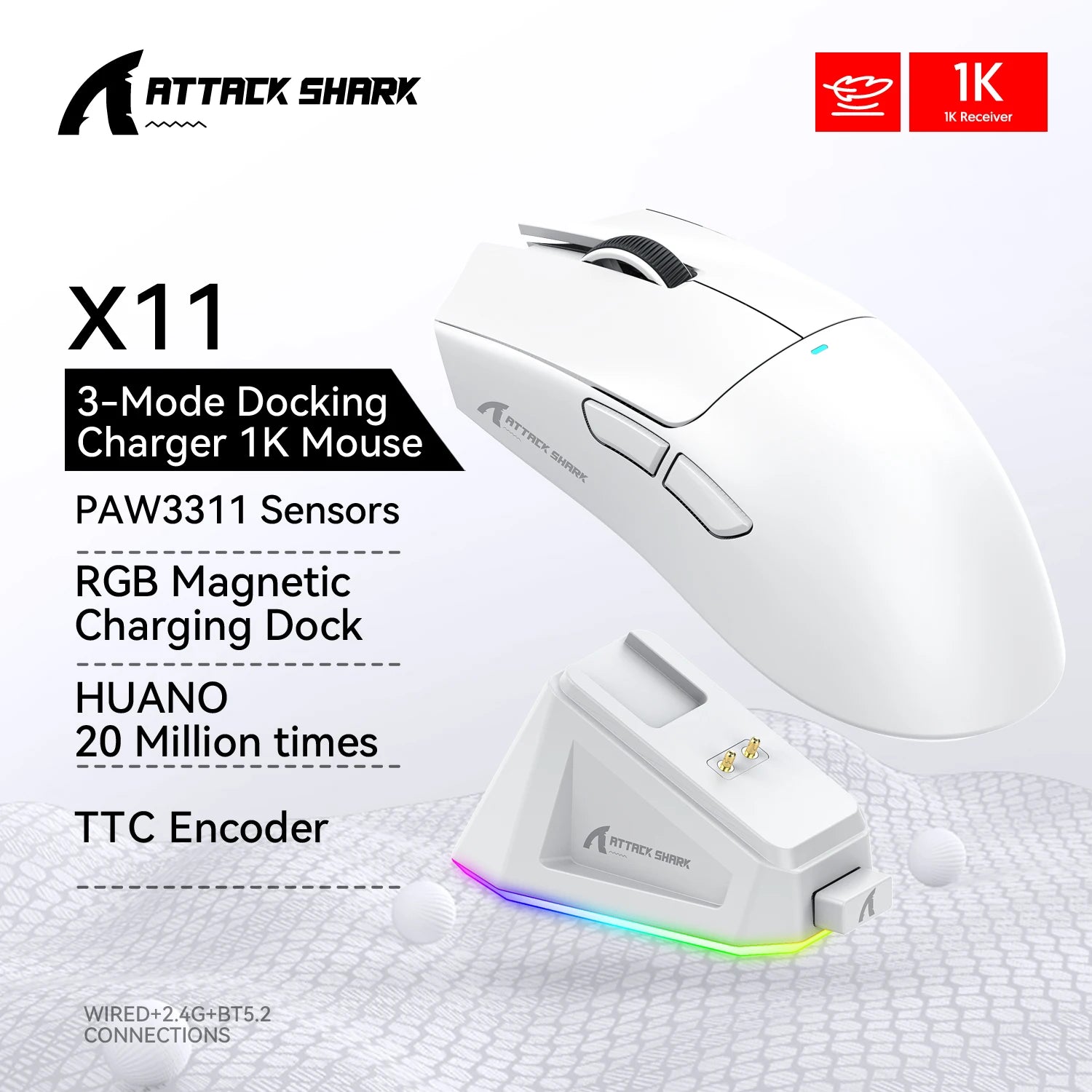 Attack Shark X11 PAW3311 Wireless Gaming Mouse – Tri-Mode (2.4GHz, Wired, Bluetooth), 22K DPI, RGB
